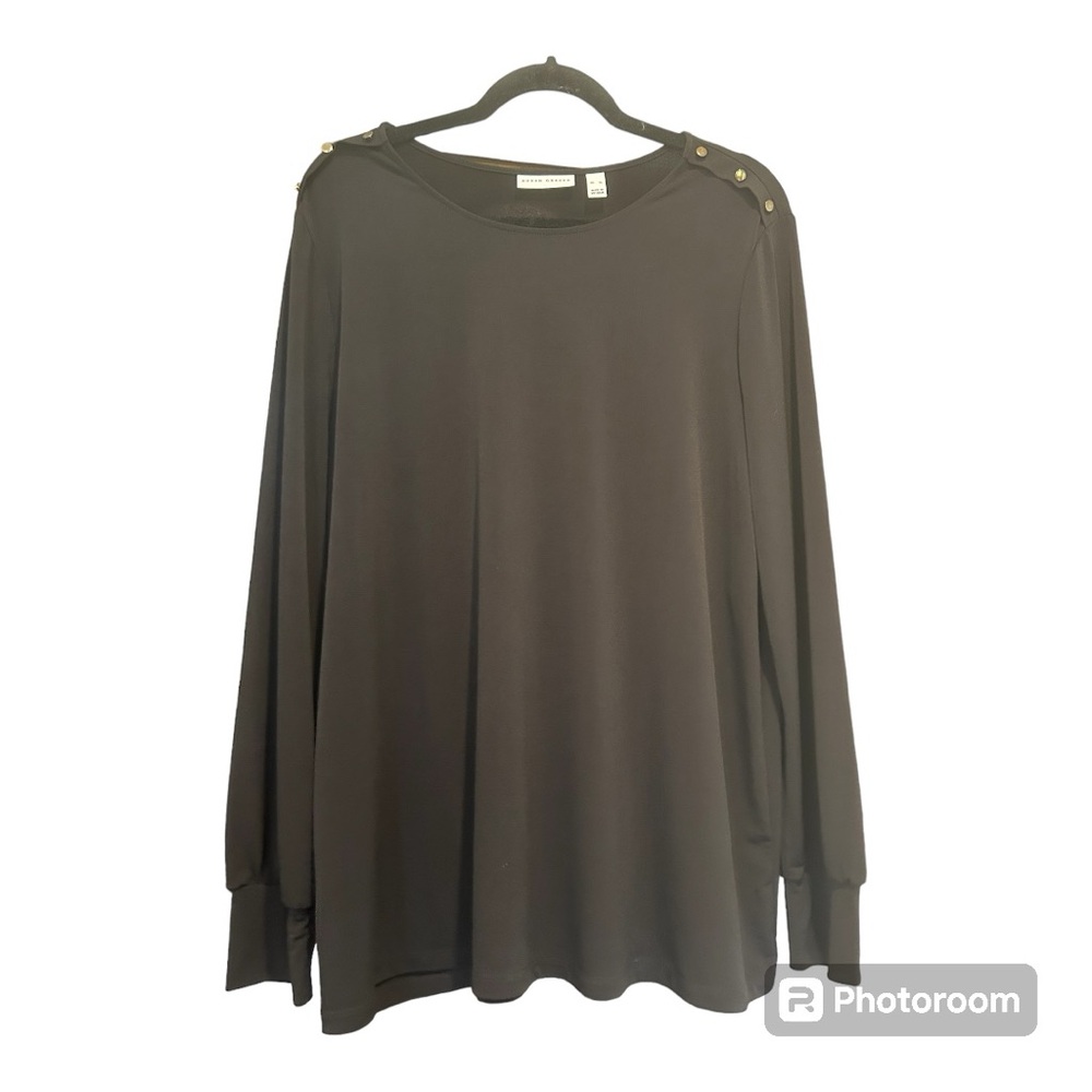 Susan Graver Womens Top XL Solid Print Liquid Knit V Neck Button Black Gold
